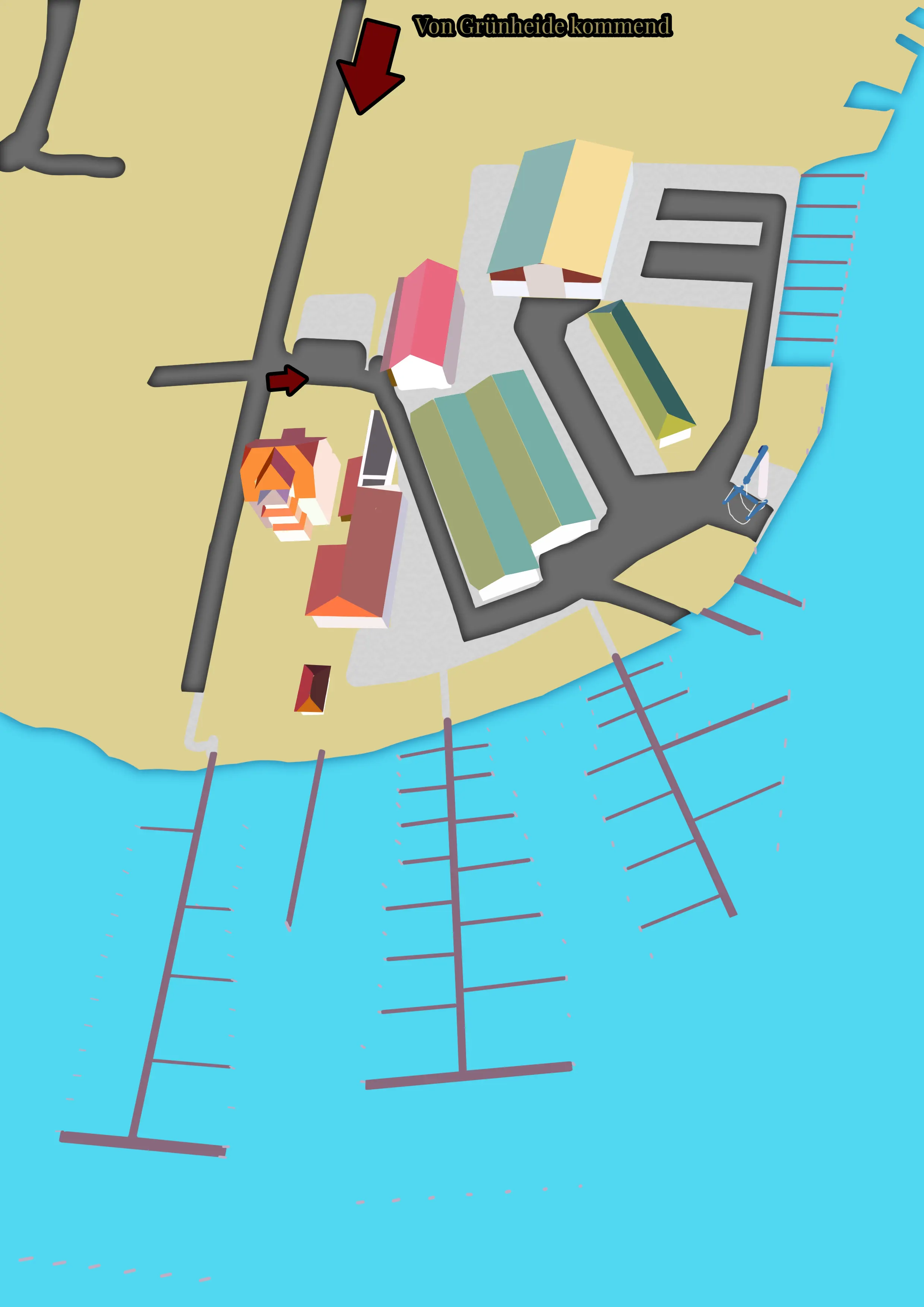 Lageplan: Fangschleuse. Gebäude sind als Marker und in der Legende erreichbar.
